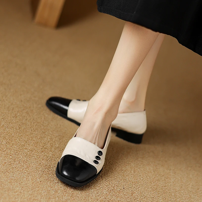 Women's Gatsby-Style Leather Loafers, Square Toe Low Block Heel Flats with Button Detailing Two-Tone Fashion Office Work Shoes