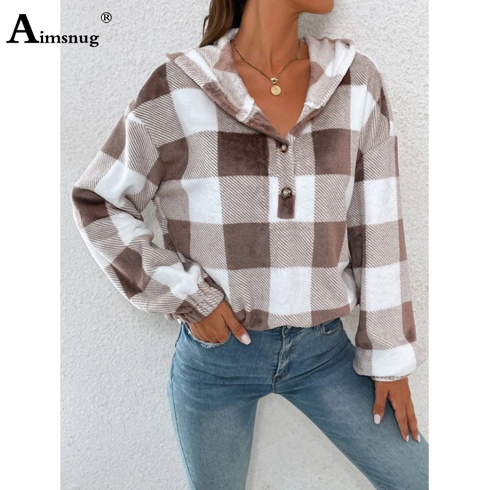 Aimsnug Ladies Fashion Leisure Model Plaid Sweatshirt 2023 New Autumn Casual Retro Top Streetwear Women's Loose Knitted Hoodies