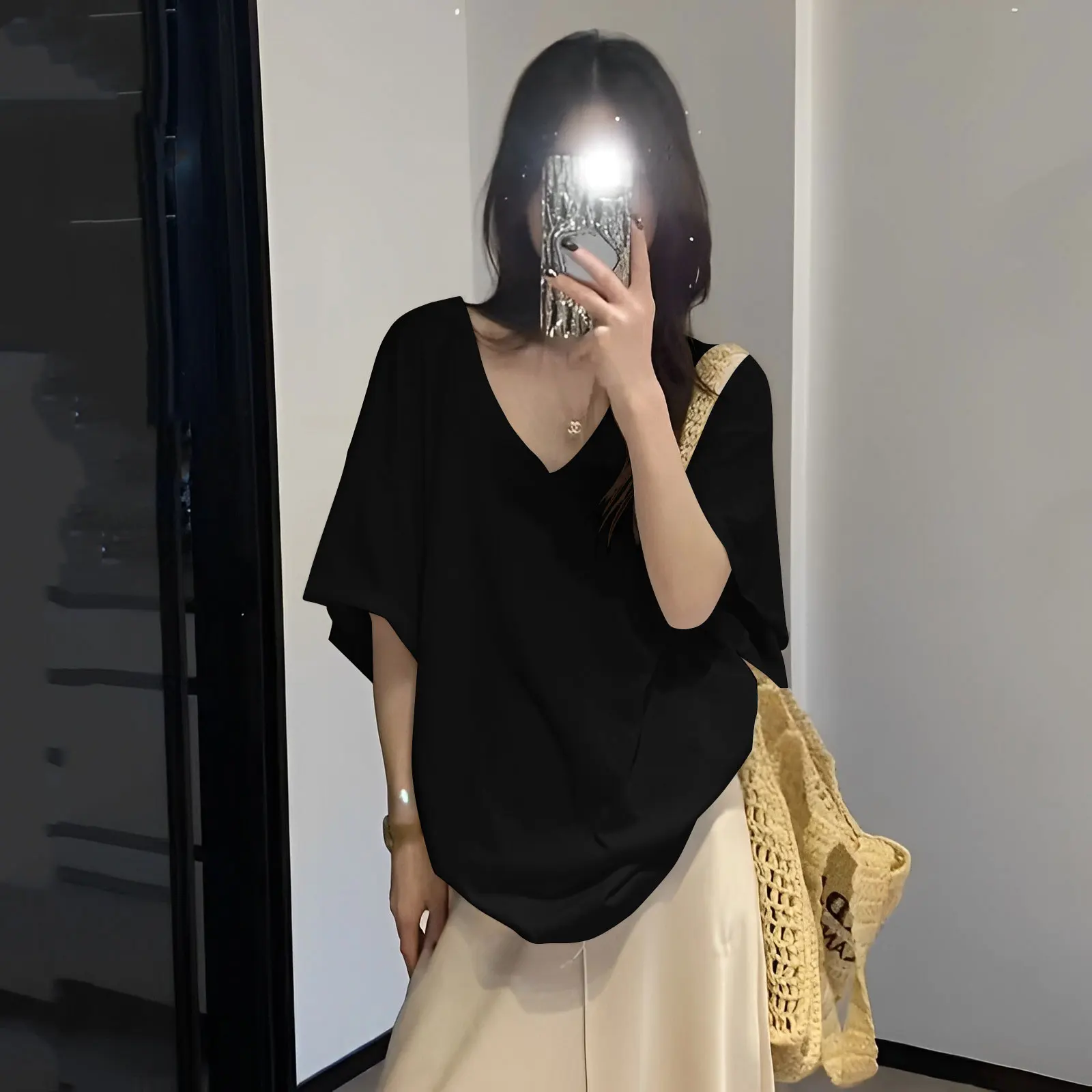 Slimming V-Neck Short Sleeve T-Shirt Women's Loose Fit Summer New Style Pure Color Half Sleeve Body Shirt Casual Commute Style