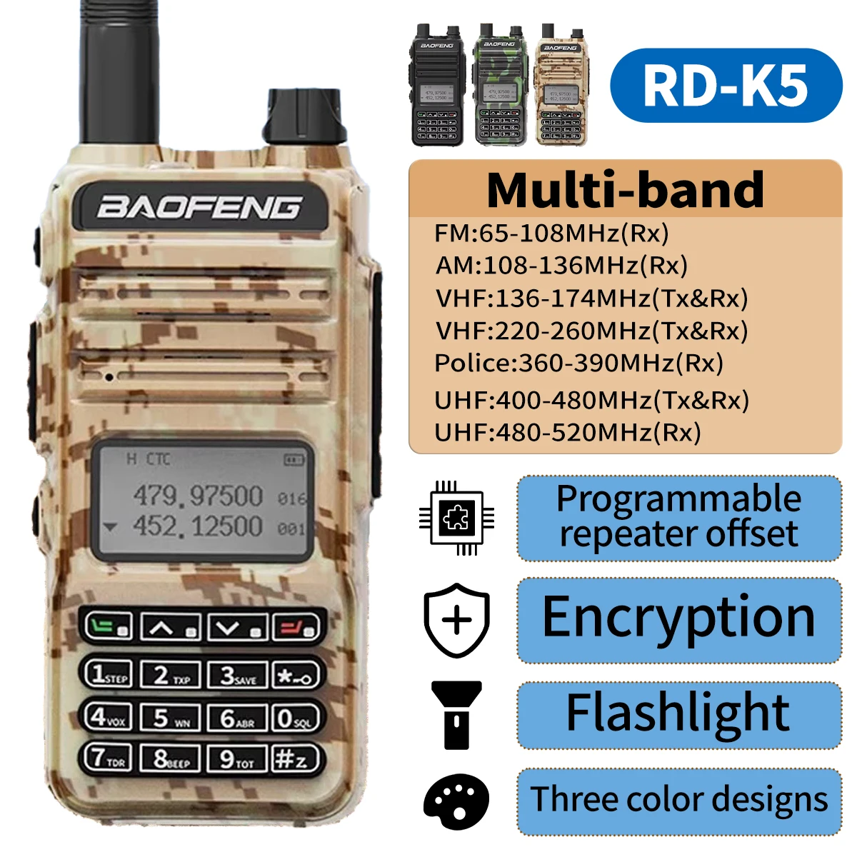 Baofeng RD-K5 Ham Walkie Talkie Hoge Versterking Antenne Encryptie Anti-Interferentie Luchtband 108-136 Mhz 5-10Km Uhf Vhf Bidir