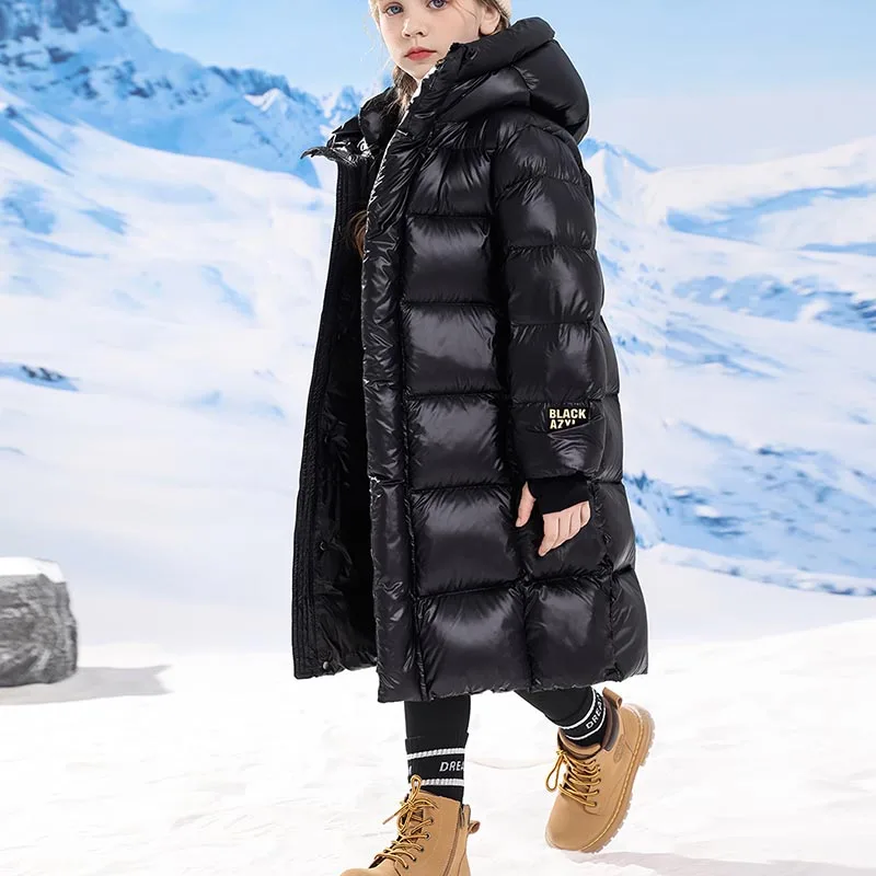 Детское пальто с капюшоном, длинное черно-золотистое утепленное хлопковое пальто, зимнее пальто до колена для детей, куртка из искусственного пуха для мальчиков и девочек