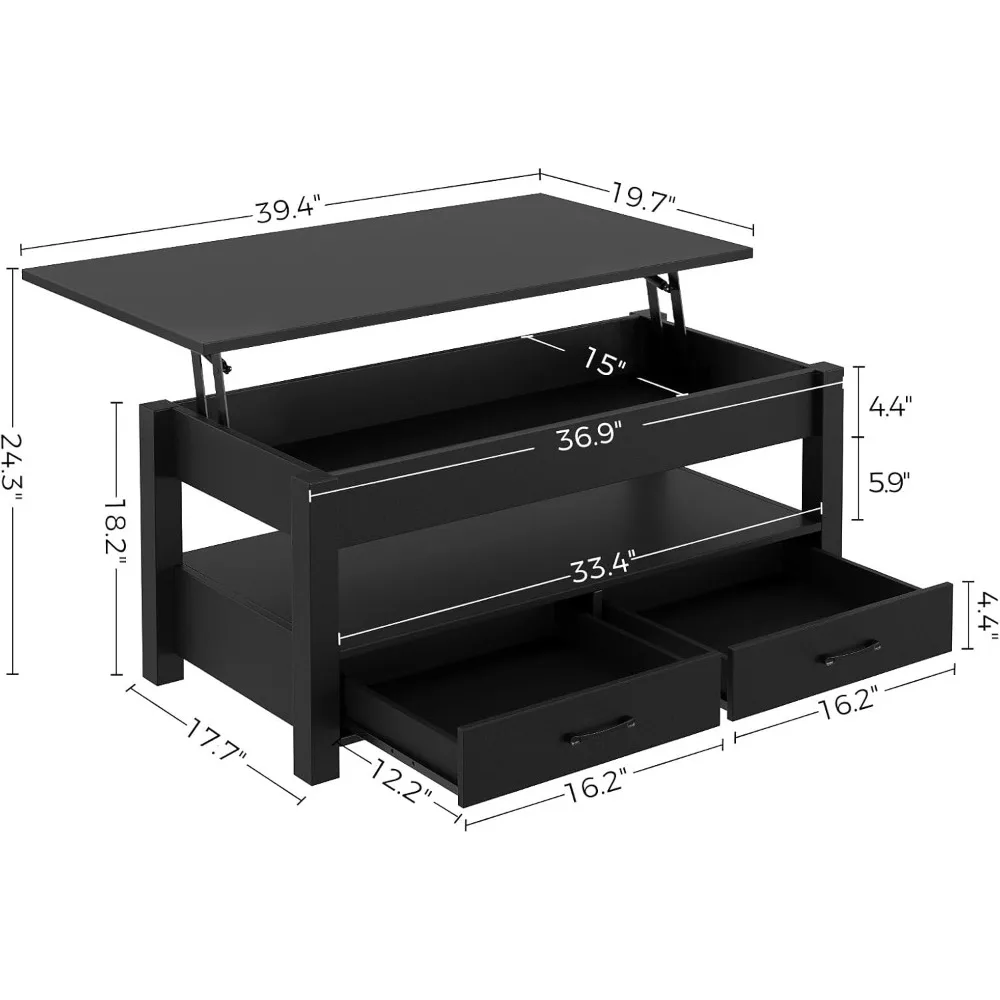 طاولة قهوة قابلة للرفع على الطراز القديم مع أدراج وتخزين سري، قطعة مركزية خشبية على سطح الطاولة