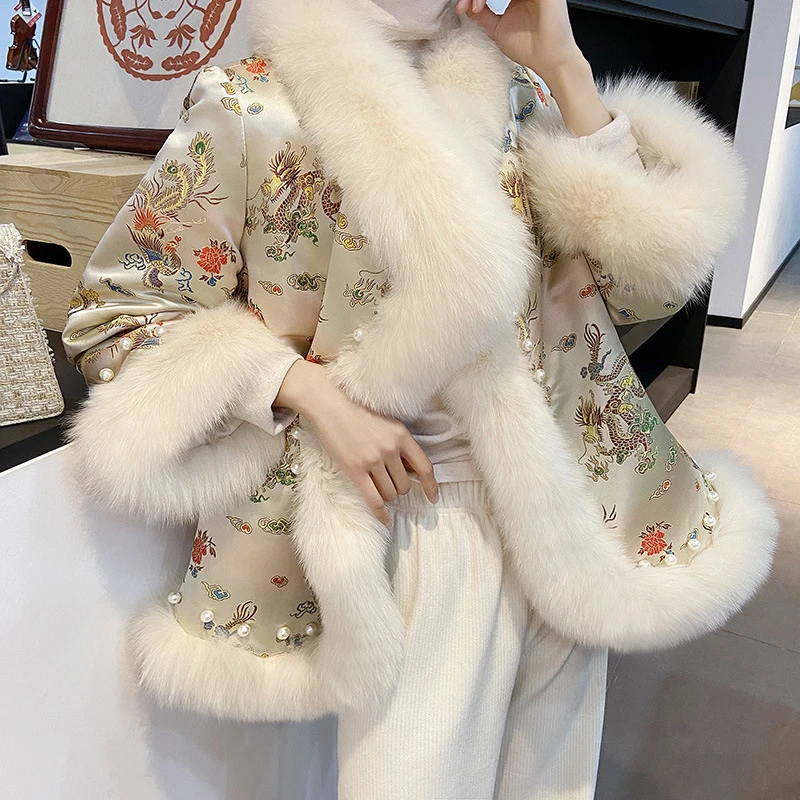 Embroidery Fur Jacket Women Faux Fox Fur Coat Office Lady Elegant Thick Warm Winter Luxury Furry Jacket 2023 Winter Outerwear