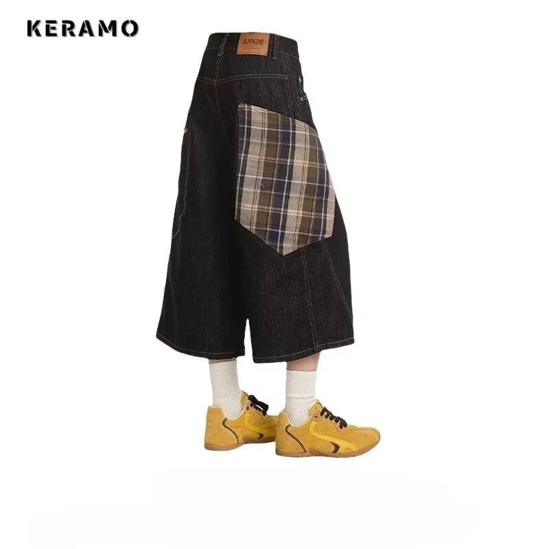 

Повседневные минималистичные джинсовые брюки 2000-х годов, винтажные мешковатые брюки длиной до икры Y2K, женские уличные ретро клетчатые лоскутные джинсы с высокой талией