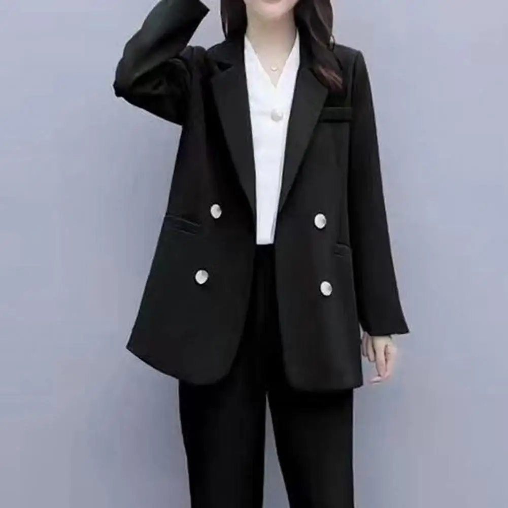 Women Business Suit Korean Version OL Commuter Style Lady Double Breasted Blazer Jacket Pants Set Straight Leg Formal Suit