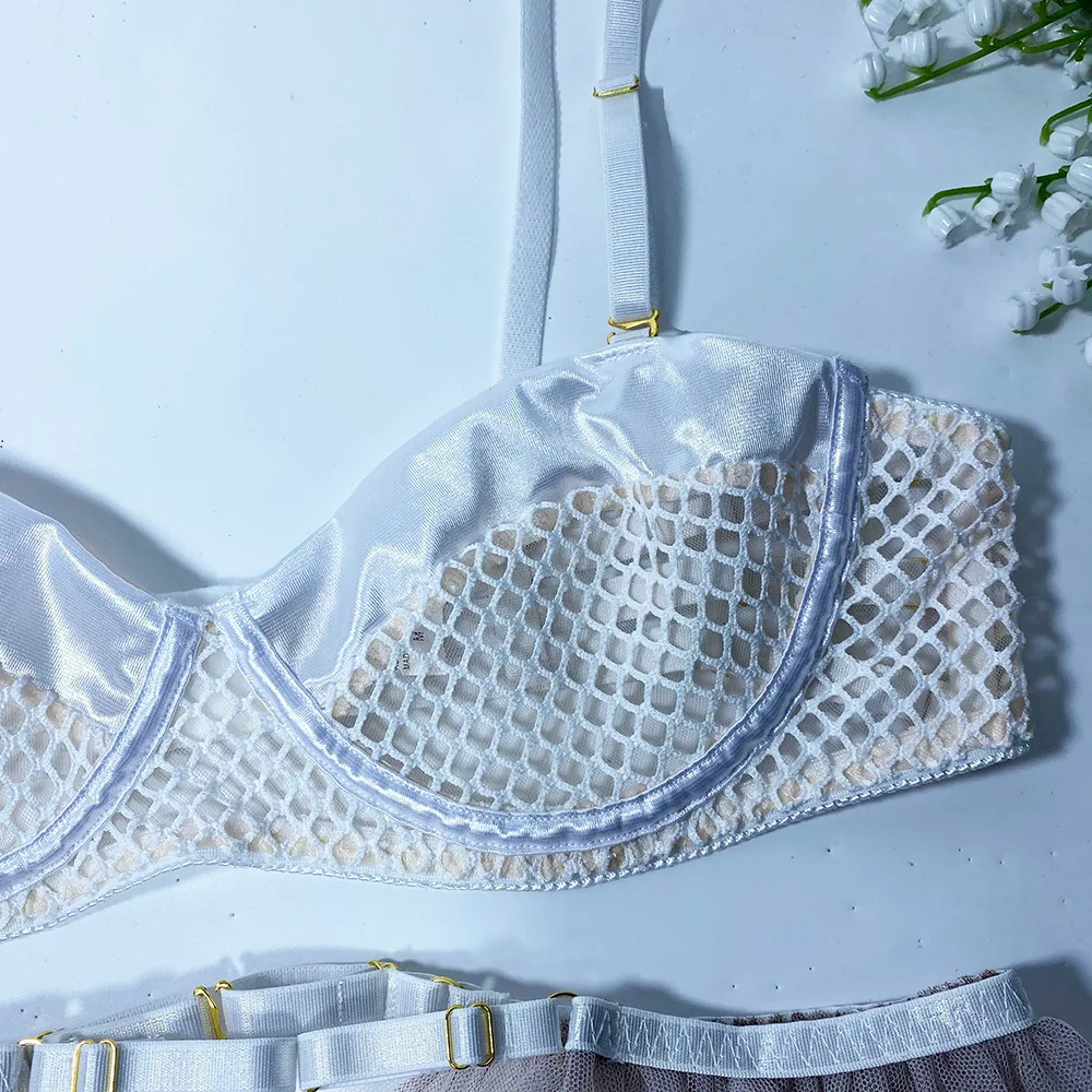 Miflame-Underwear mesh underwear, underwire cotton cup bra, lace garter belt, Thong, three piece sex suit