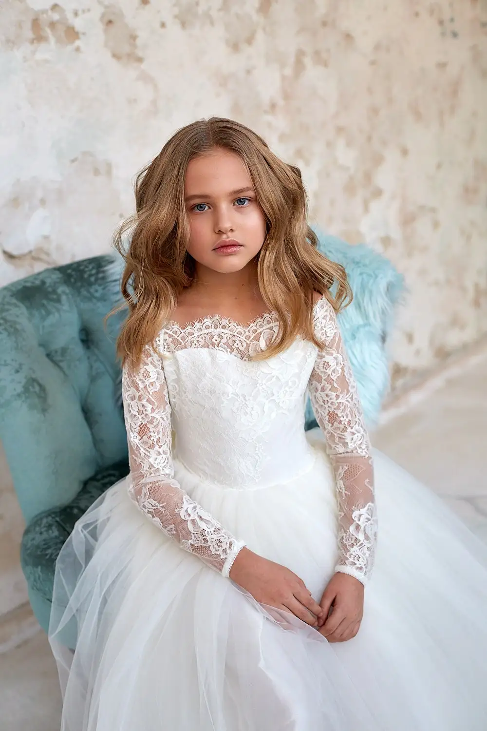 Full Sleeves Flower Girl Dress Bohemian Tulle Ivory White Lace Bow Girls First Communion Gown Junior Bridesmaid Dress