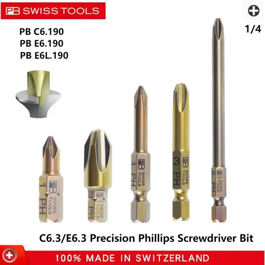 Schweizer Herstellung von PB SWISS TOOLS mit manuellem und elektrischem Kreuzkopf, 1/4-Zoll-Präzisionsbohrer C6.190 E6.190 E6L.190 Serie