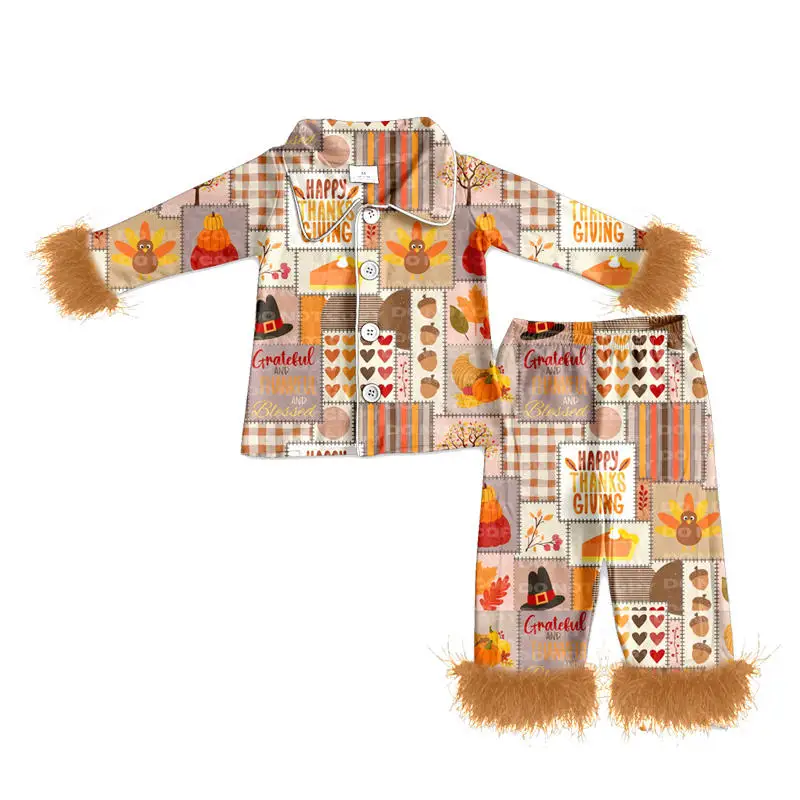 Girl Autumn Thanksgiving Clothes Turkey Pumpkin Bow Print Feather Trim Girls Long Sleeve Pants Set