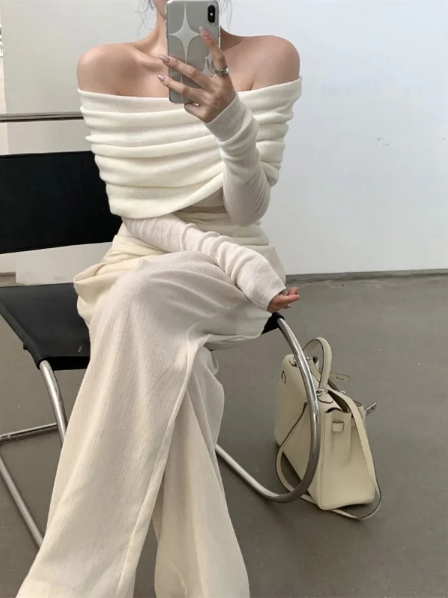 oulder Bared Knitted Base irt Women's Spring Autumn 2025 New Pure Desire Sweater Slim Fit High End Feeling One oulder Top