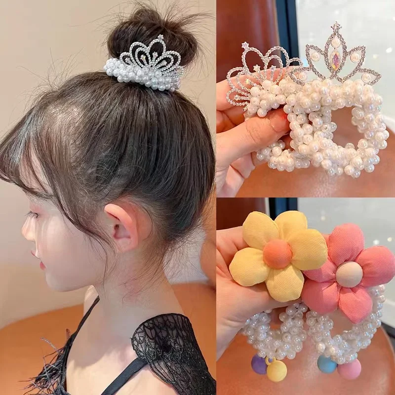 2pcs Hair Accessories Crown Headdress Female Children Tie Hair Leather Strap Princess Headband Marble Head Little Girl Pearl