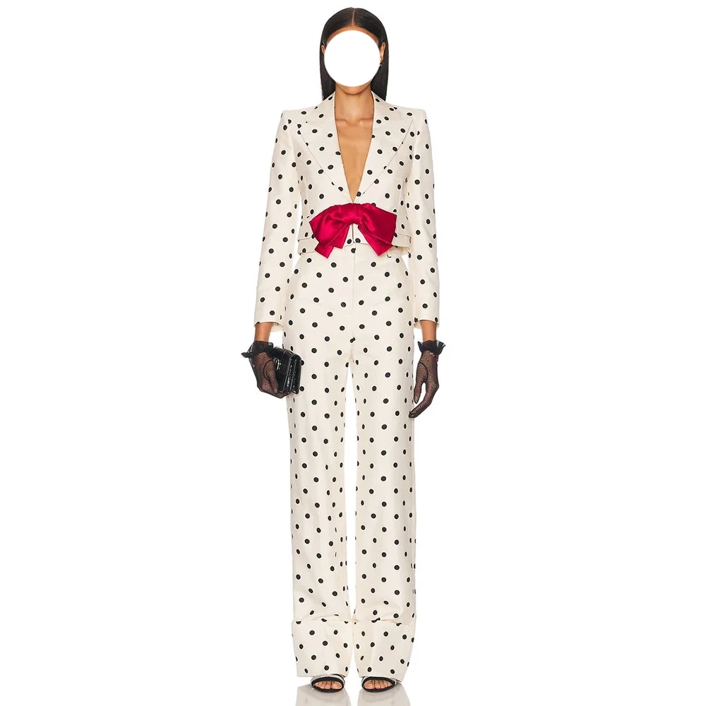 

Chic Polka Dot Bow Button 2 Pieces Blazer+Pants Set Peaked Lapel Straight Sets Formal Banquet Party Clothing Casual sets