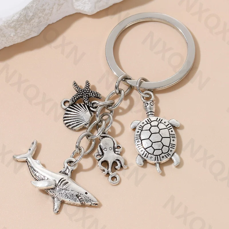 Classic Ocean Sharks Shells Starfish Turtles Alloy Keychain Sea Life Animals Key Ring For Women Men Handmade Jewelry Set