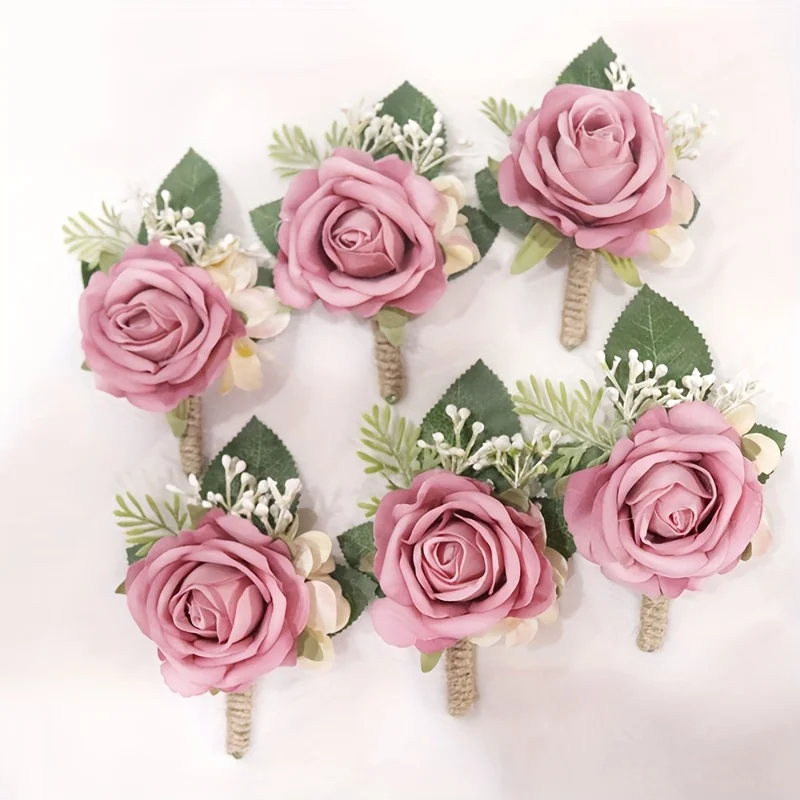 6-delige elegante Boheemse roos pols corsage en broche set - roze bloemenontwerp met witte en groene accenten, perfect voor bruiloften