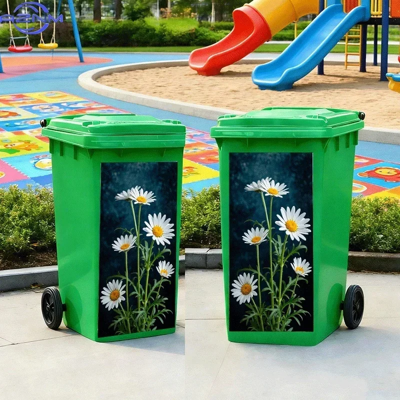 2D Flat Printing 1pc Trash Can Sticker, Daisy Sunflower Theme Design, Self-Adhesive Wall Decal Wallpaper for Kitchen Trash Can view 5