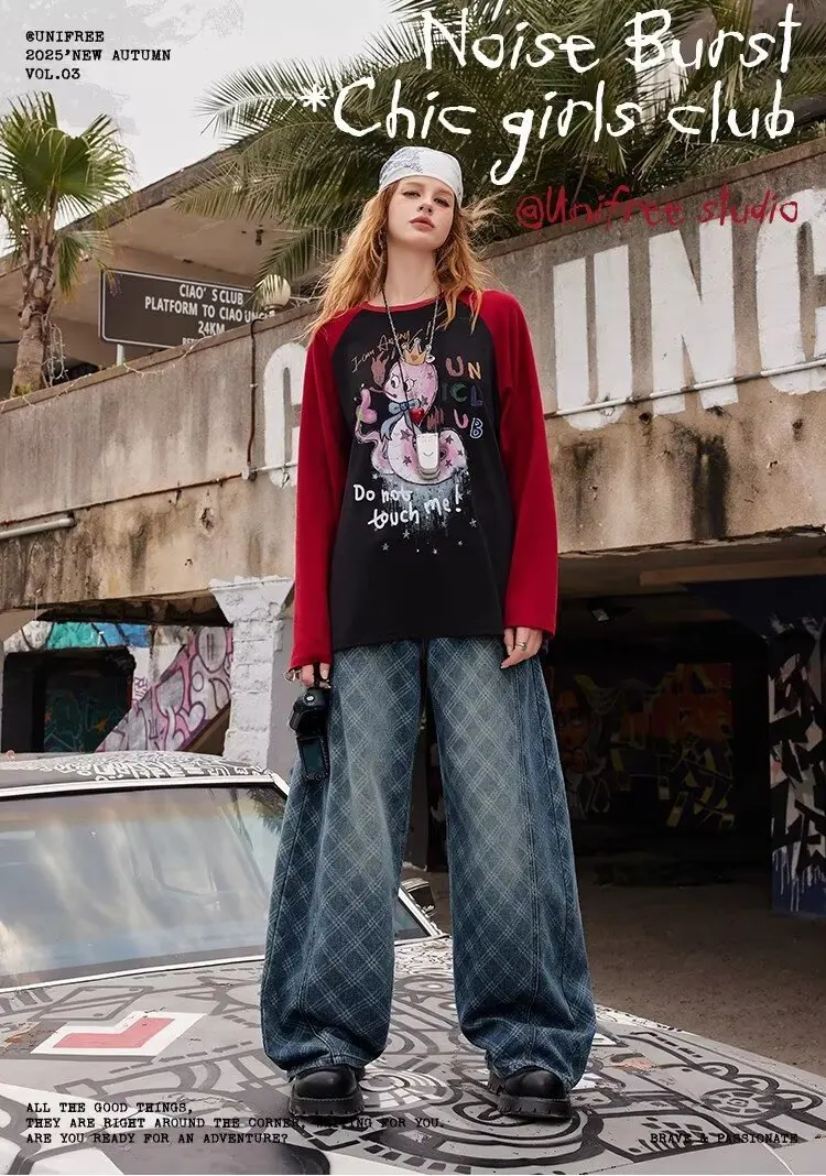 

Новые американские джинсы в клетку в стиле ретро, потертые водой, подходят как для мужчин и женщин, широкие брюки Y2k, свободные уличные брюки в пол.