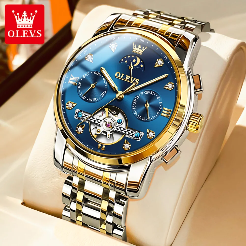 

OLEVS Brand New Fashion Moon Phase Mechanical Watch for Men Stainless Steel Waterproof Week Date Luxury Tourbillon Watches Mens