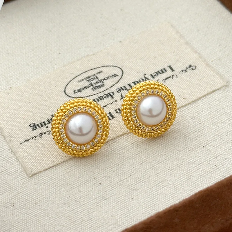 Western-style Elegant Versatile 9999 24K Solid Gold Braided Pattern Pearl Stud Earrings for Women, Niche Light Luxury erling
