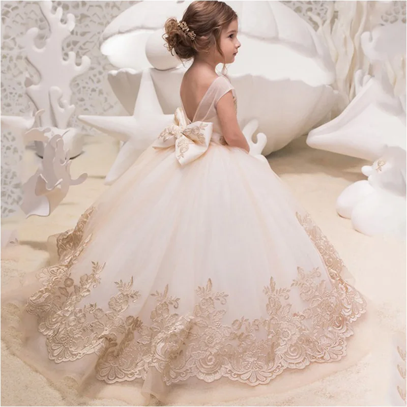 Custom Lace Embroidered Tulle Flower Girl Dress For Wedding Birthday Party Pageant Princess Long Formal Gown فساتين اطفال