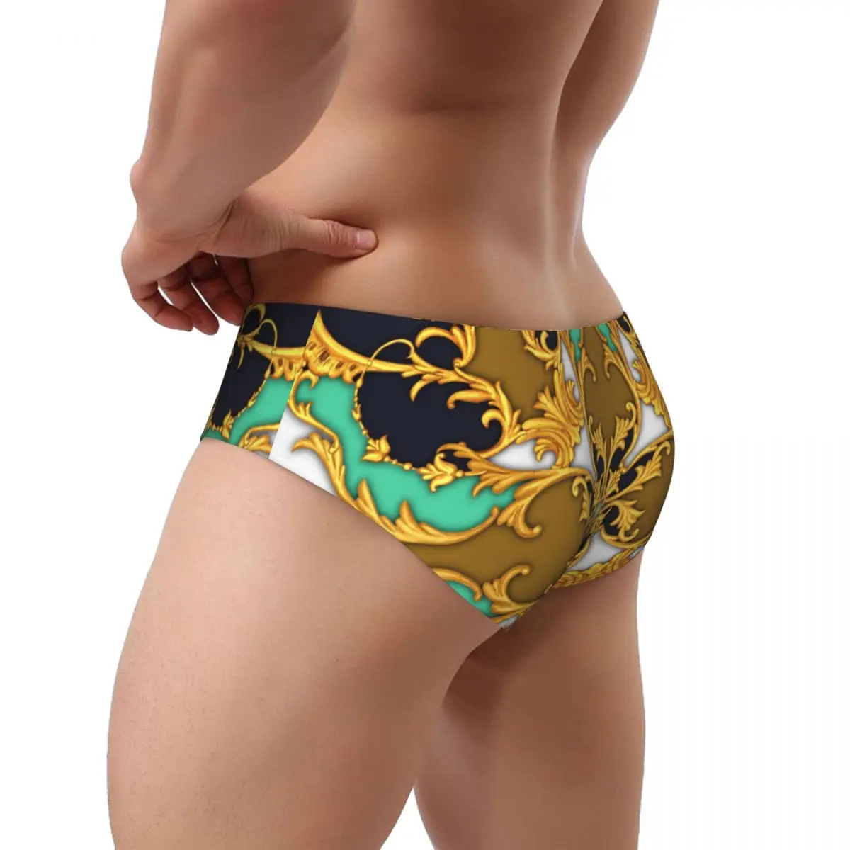 Celana segitiga pria, celana dalam pria Barok emas, celana dalam seksi bernapas keringat nyaman