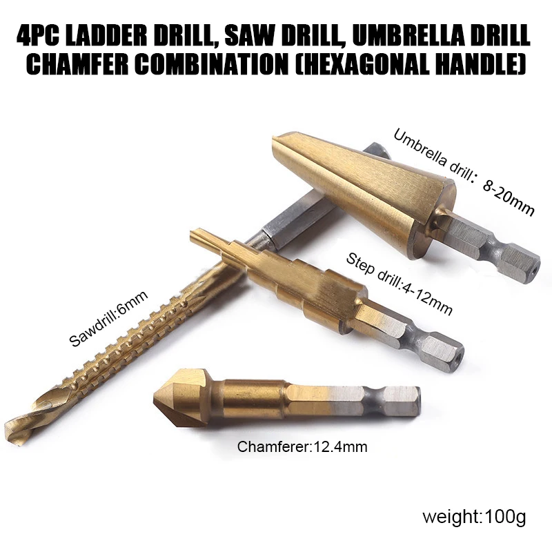 4Pcs/Set Hexagonal Handle Ladder Drill Chamfer Knife Umbrella Drill Saw Drill Titanium Plated Pagoda Drill