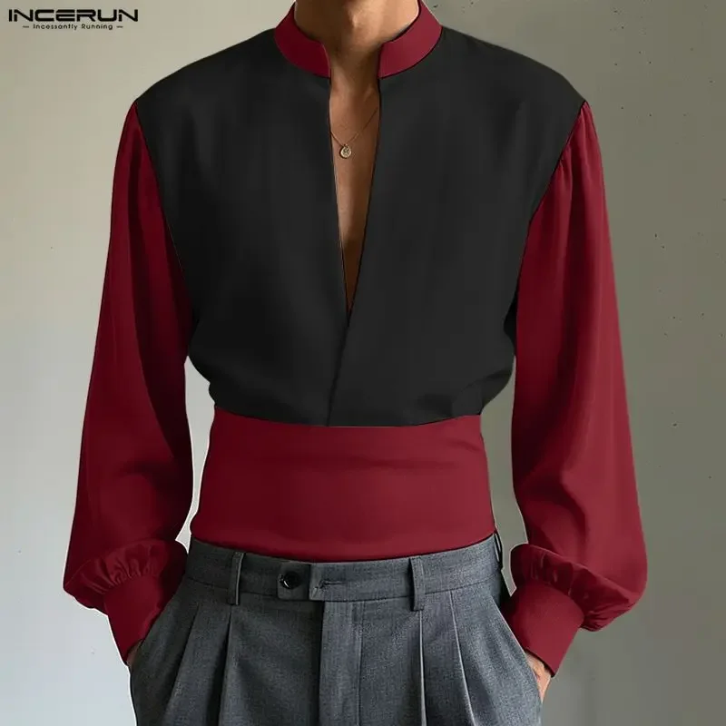 

INCERUN Men Shirt Patchwork Color-block V Neck Long Sleeve Men Clothes Streetwear Loose 2026 Fashion Casual Shirts For Man Tops