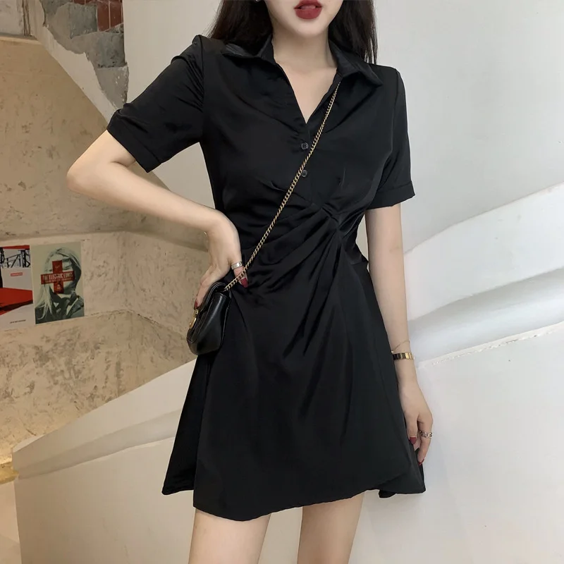 Summer Fashion Shirt Polo Collar Women 2024 New Style Scheming Waist Slimming Aging Dress Pure Desire Skirt