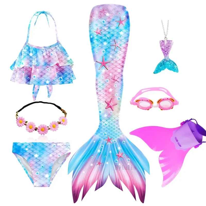 Girls Swimmable Mermaid Tail Princess Dress can add Monofin Fin Kids Holiday Mermaid Costume Cosplay Swimsuit Halloween for Kid