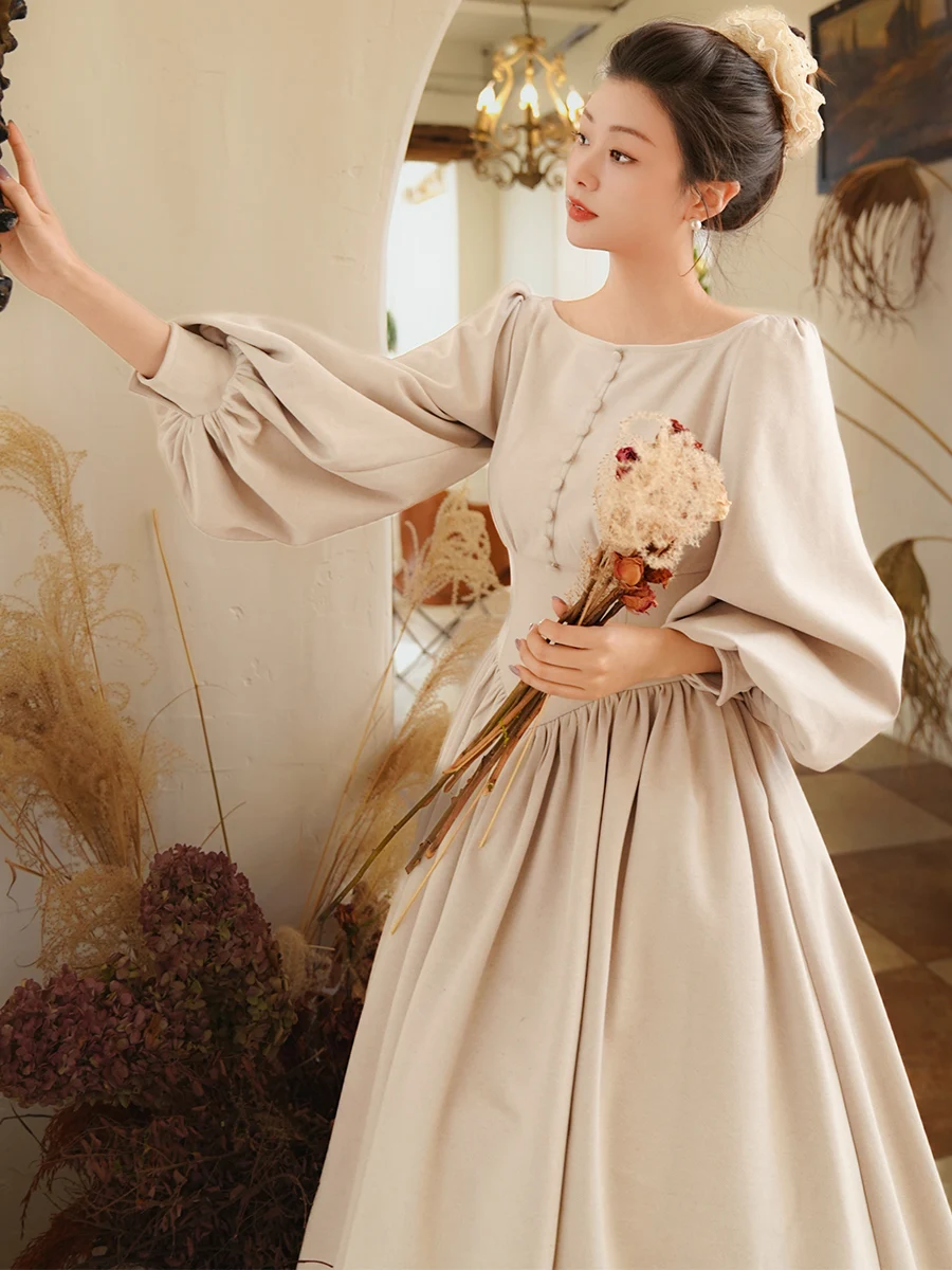 TIYIHAILEY 가을 겨울 여성 드레스 포켓 포함 풀 랜턴 슬리브 롱 미드-칼프 여성 의류 S-XL 빈티지 하이 웨이스트 두꺼운 원피스