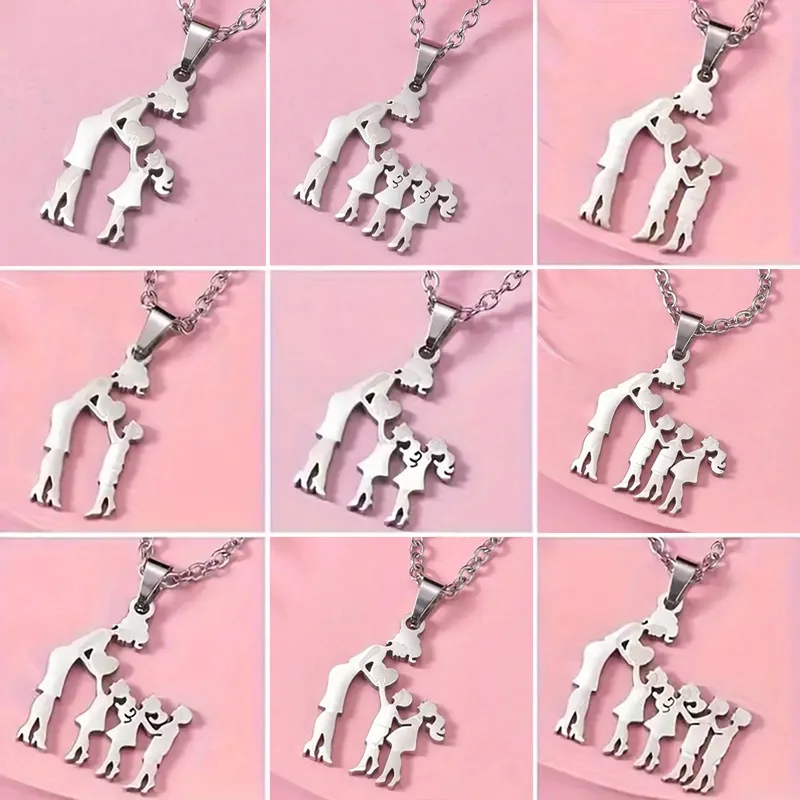 Stainless Steel Mother And Children Heart Necklace Mom Son Daughter Figure Pendants Necklaces