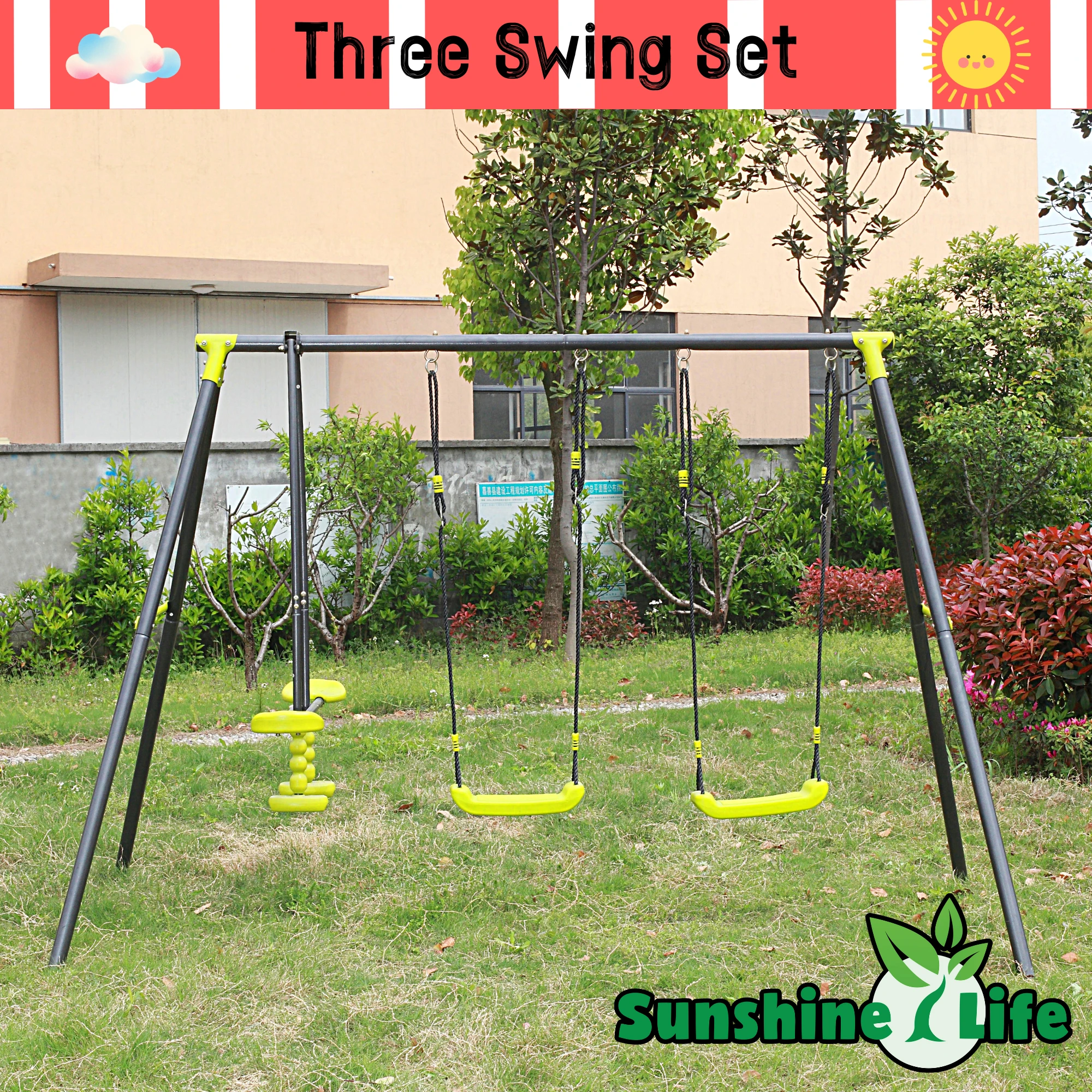 interesting triple children mental safe swing set for outdoor playground three seat swing black and green