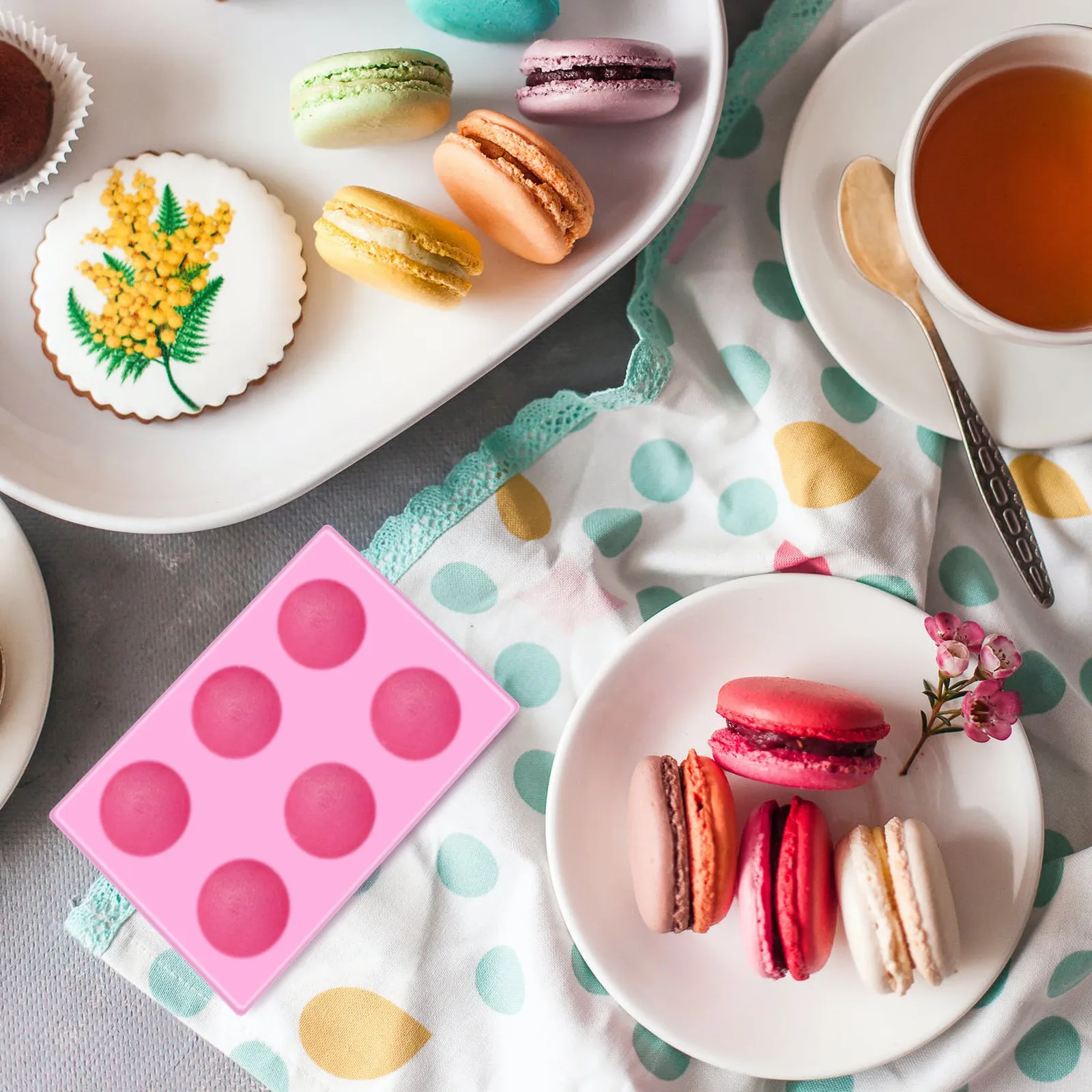 Molde de Silicona para Macarons de 6 Cavidades, Resistente al Calor, Flexible, Ideal para Fondant, Chocolate, Dulces, Gelatina, Cubitos de Hielo y Manualidades
