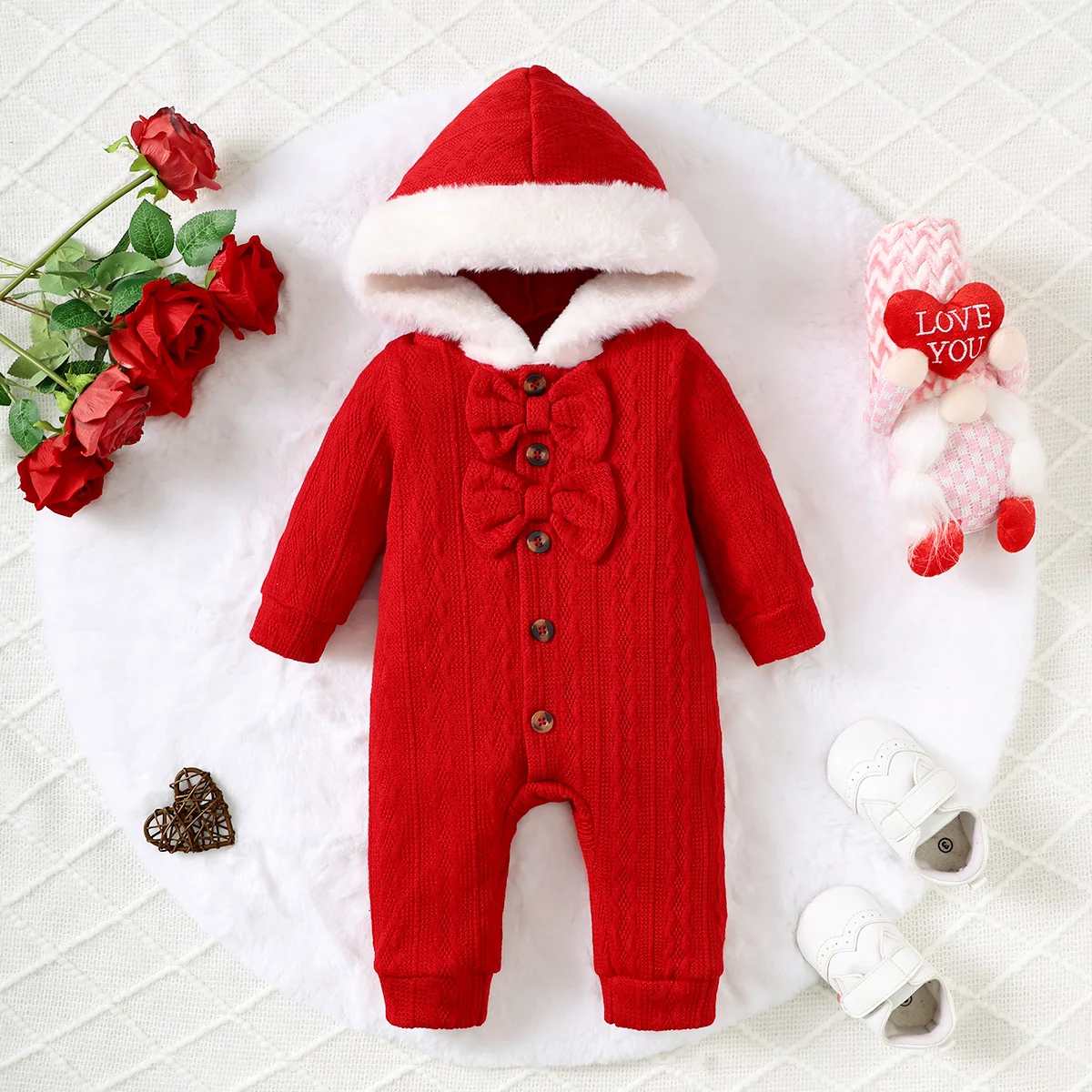 Autumn And Winter 1-24m Knitted Jumpsuit For Baby Girls With Hooded Bow And Breasted Design Feeling Cute Baby Girls\' Clothes