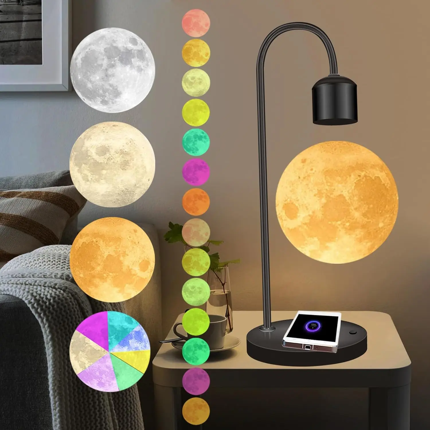 Lámpara Lunar Magnética Levitante de 15W con Cargador Rápido para Teléfono, 3 Colores Intercambiables, 300 Millones de Colores Degradados, Bola Lunar 3D Levitante