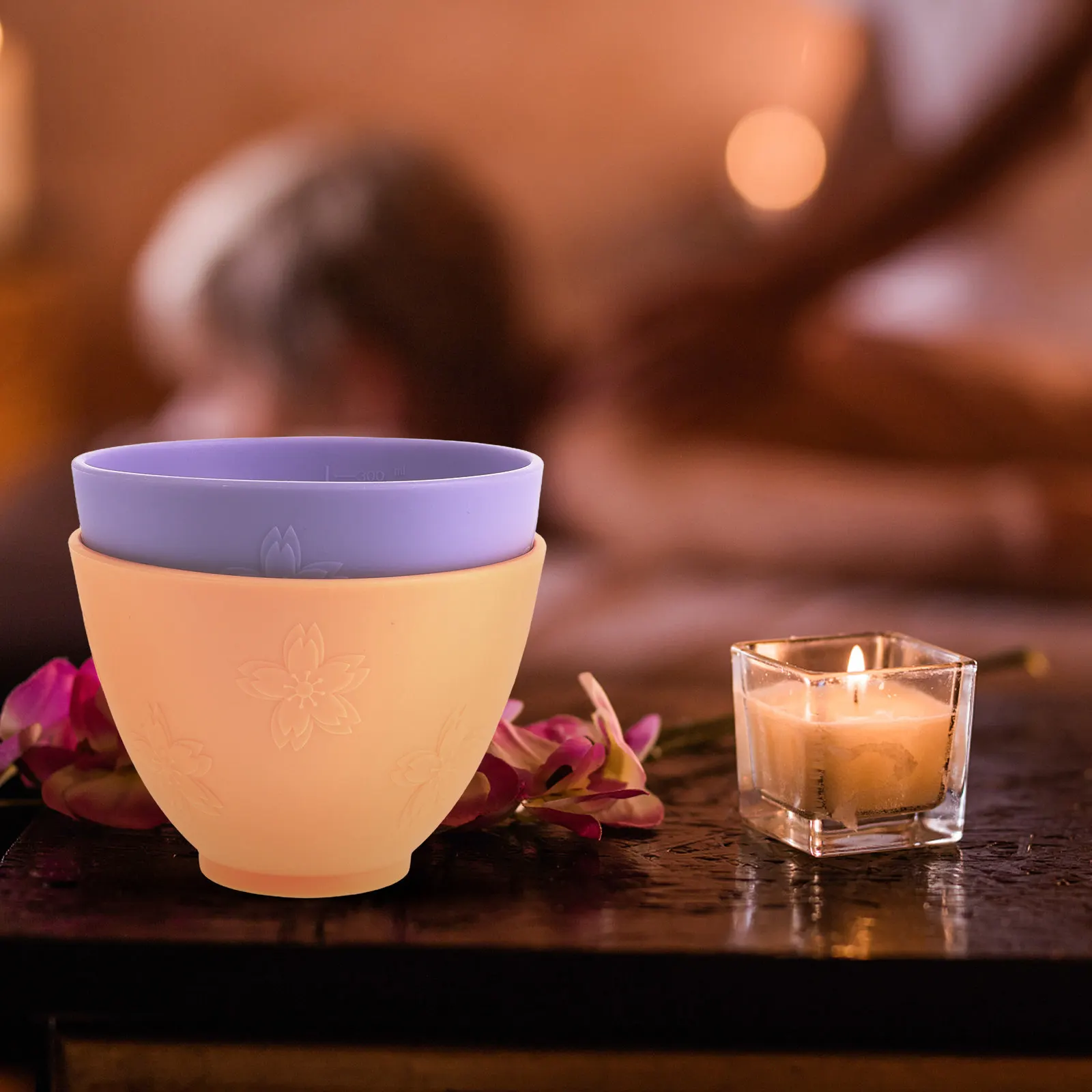 2 Tazones de Silicona para Mascarillas Faciales, Diseño de Flor de Cerezo, Herramienta para Mezclar Mascarillas, Tazón Reutilizable para Mezclar Productos para el Cuidado de la Piel, Spa en Casa, Belleza