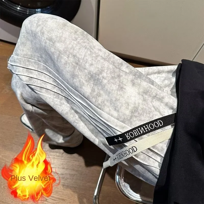 

Dirty sports sweatpants with fleece new loose straight leg pleated casual pants with high street trend design