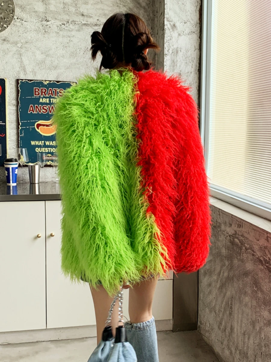 Winter Color Contrast Patchwork Furry Coat Fashion Red Green Mongolia Sheep Fur Streetwear Long Sleeve Fur Coat Elegant Coats