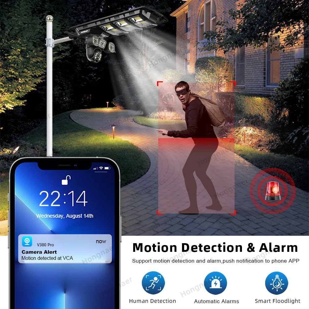 Hongnaer 8MP 4K WiFi IP PTZ الشمسية اللاسلكية CCTV V380 Pro عدسة مزدوجة الشمسية ضوء الشارع للرؤية الليلية كاميرا CCTV الأمن