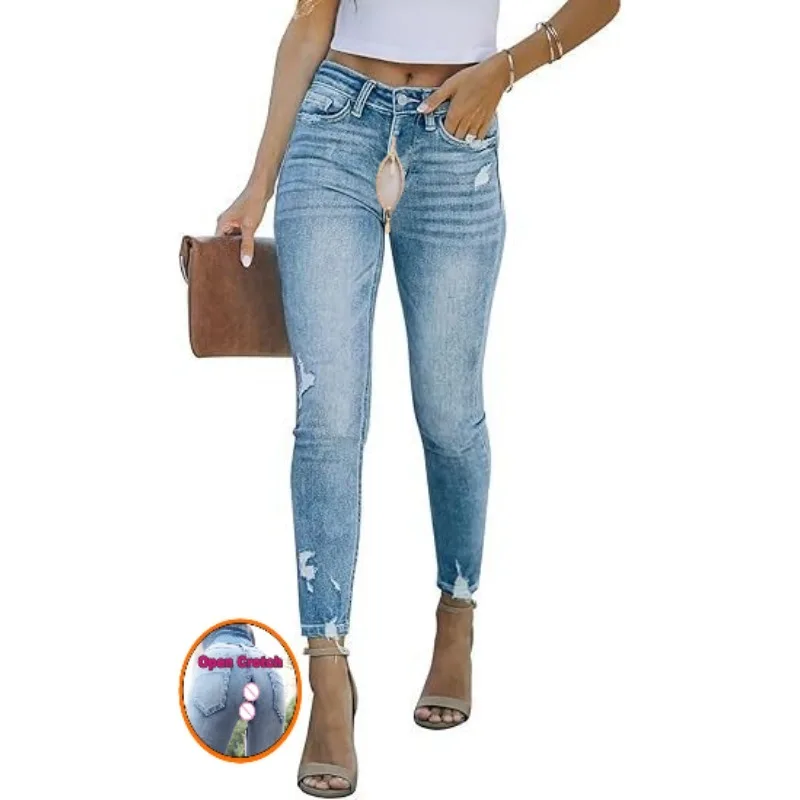 المرأة العصرية مفتوحة المنشعب ممزق الجينز مع انقسام تنحنح عالية الخصر تمتد غسلها الدينيم السراويل الشارع الشهير موضة عادية مريحة