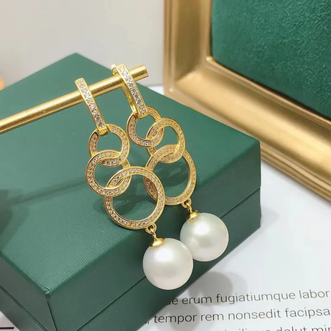 

Natural pearl AAAA 11-12mm fashionable new five ring white round pearl earrings 925s