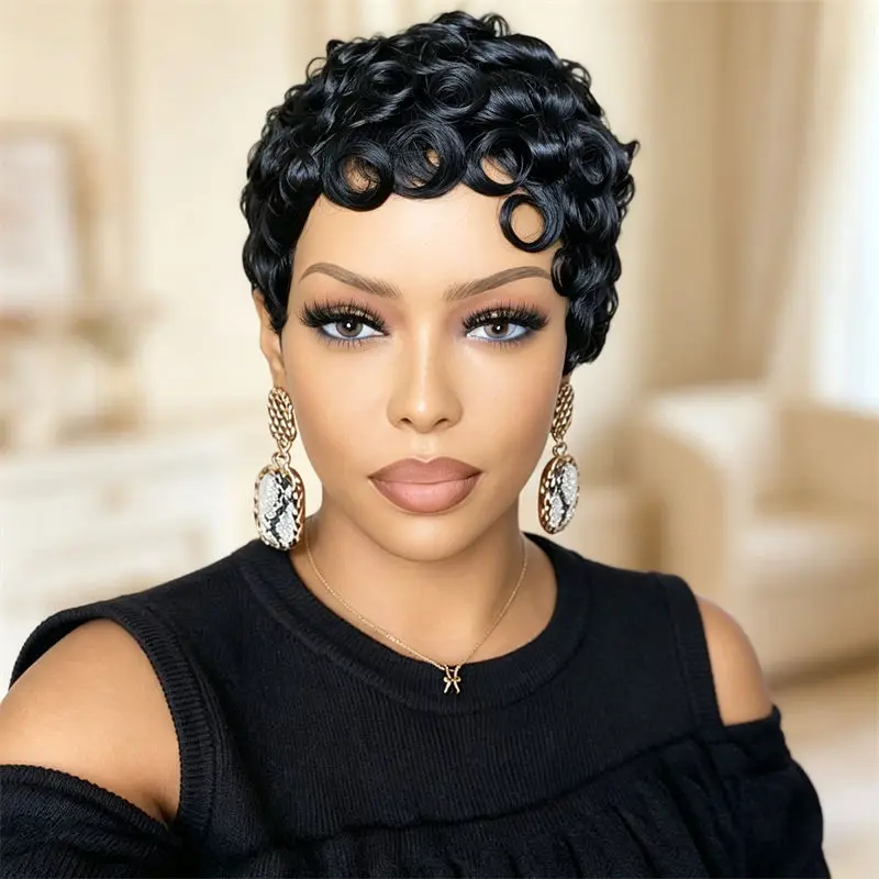 Short Curly Wig For Ladies Pixie Cut Honey Blonde 99J Brazilian Remy Human Hair Full Machine Made With Bangs For Cosplay Anime