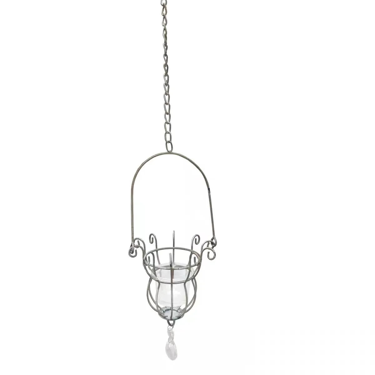 Vintage Hanging Candle Holder Lantern with Glass Cup, Rustic White Iron Tealight Holder for Patio Garden Wedding Decor