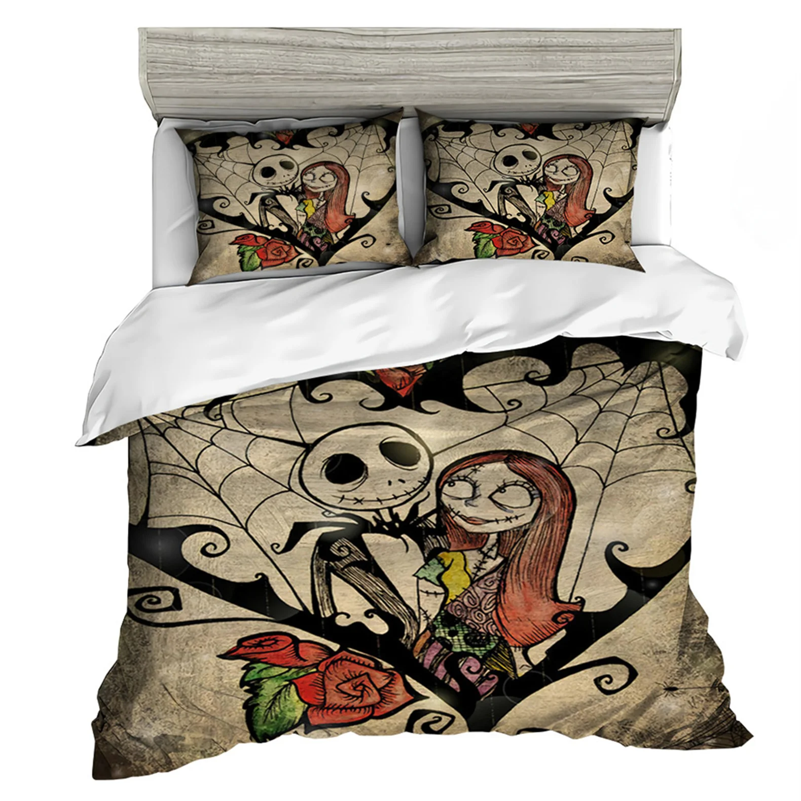 Nightmare Before Christmas Bedding Set, Capa de edredão do crânio do Dia das Bruxas, Quilt Jack e Sally, Fronha, Decoração Halloween, Novo