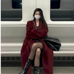 Vintage Burgundy Red Double Breasted Oversized Overcoat Women Casual Lapel Pockets Long Sleeve Coats Female High Streetwear