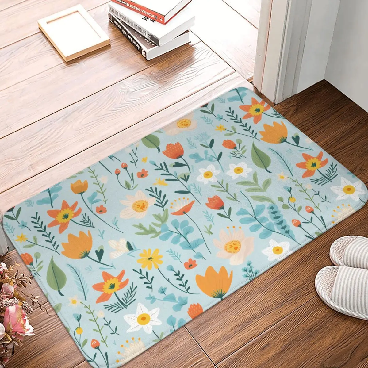 Yellow White Red Flowers Front Door Mat Anti-Slip Indoor Quick Dry Doormat Kitchen Balcony Entrance Rug Carpet