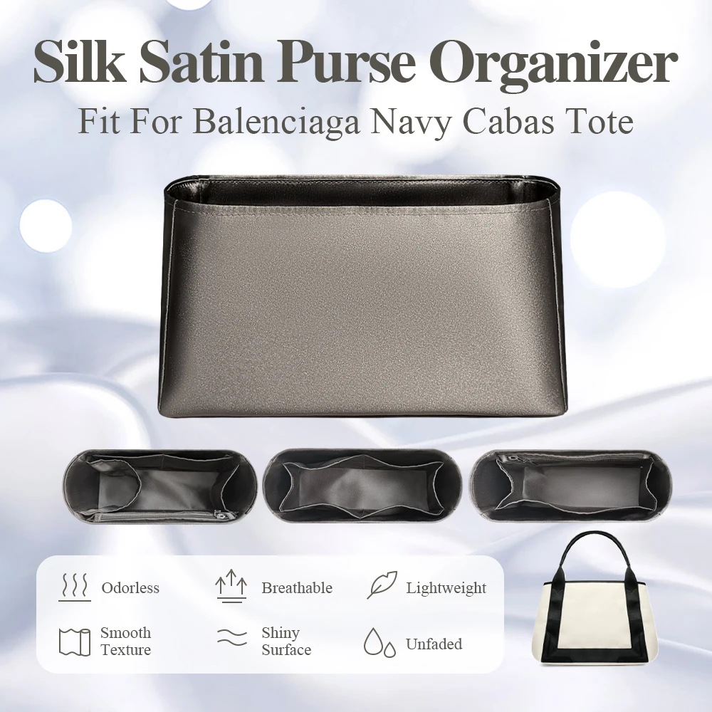 

Silk Satin Purse Organizer Insert Fit for Balenciaga Navy Cabas Tote Multiple Pouches Inside Storage Bag In Bag Grey Inner Bag