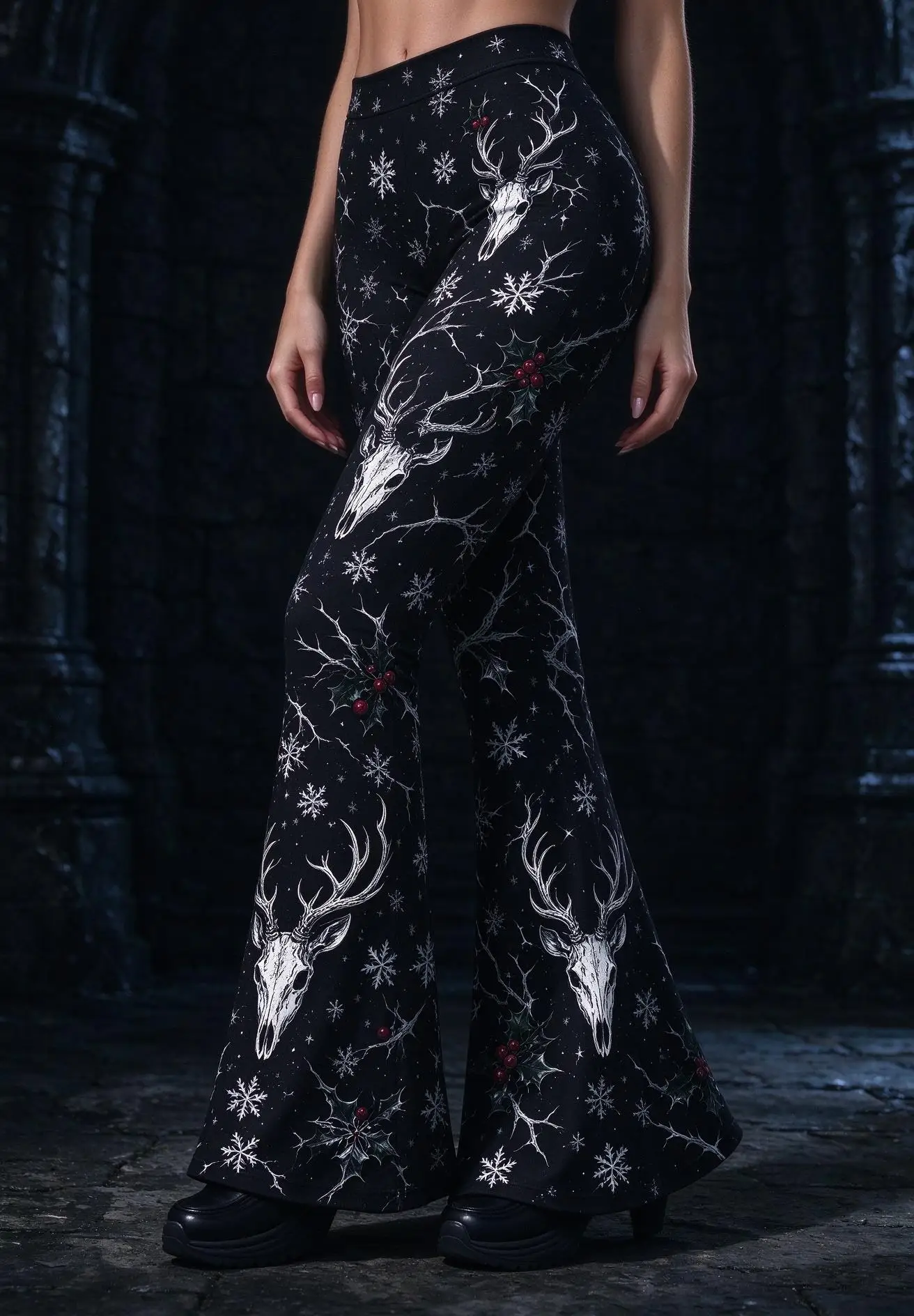 Women Mid Rise Skinny Flare Pants Christmas Deer Skull Snowflake Holly Print Black Stretch Bell Bottom Trousers