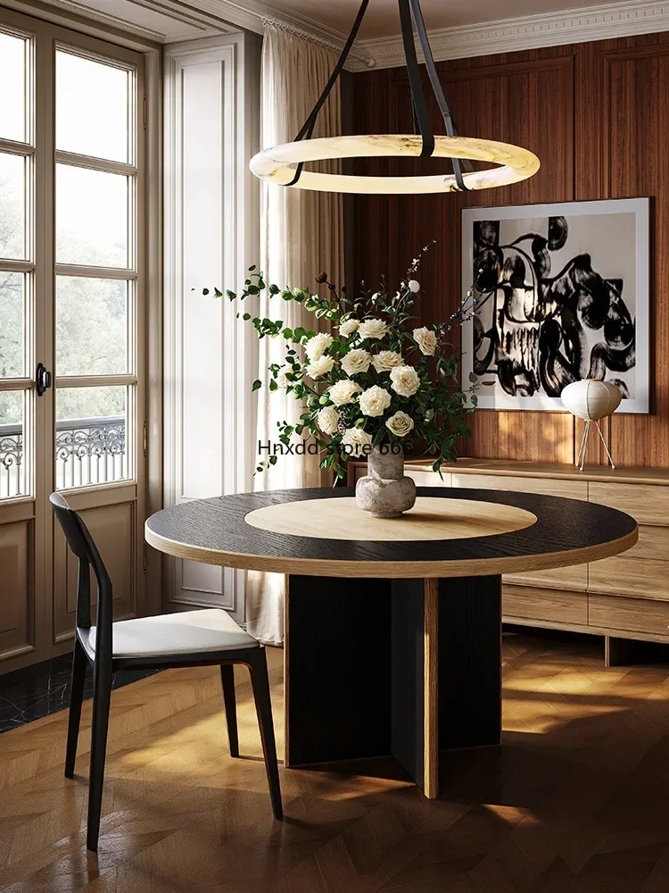 Medieval round table rotating plate retro solid wood black 1.3 meters 5 with inlaid turntable round dining table