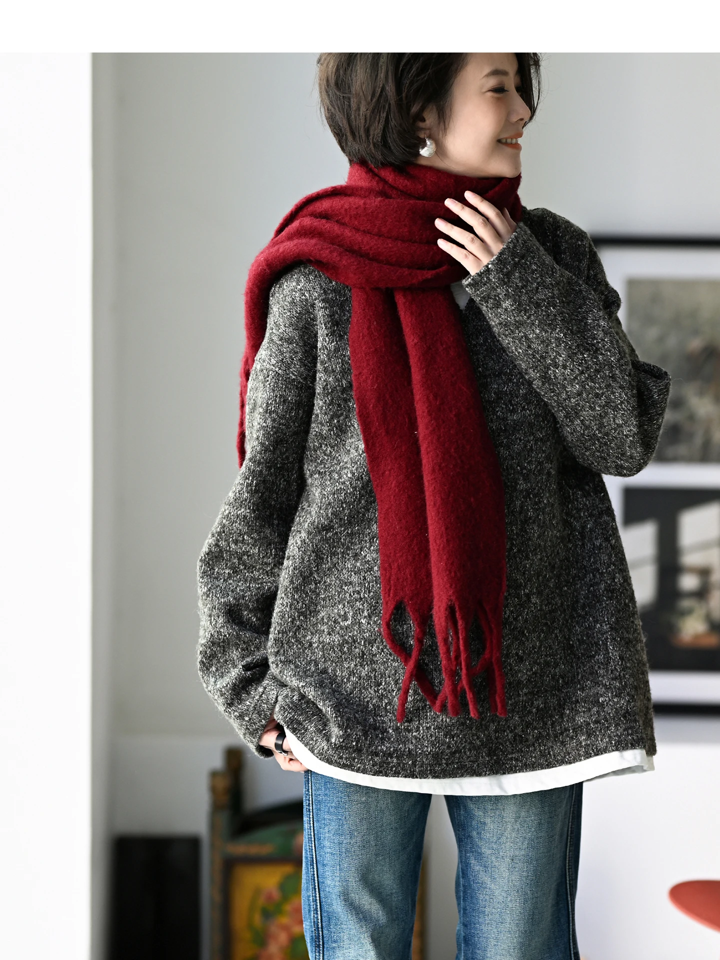 

Casual Loose round Ne Sweater with Floral Tead Thin Fce Women's Autumn Faion Artistic Leisure Splice Single Piece