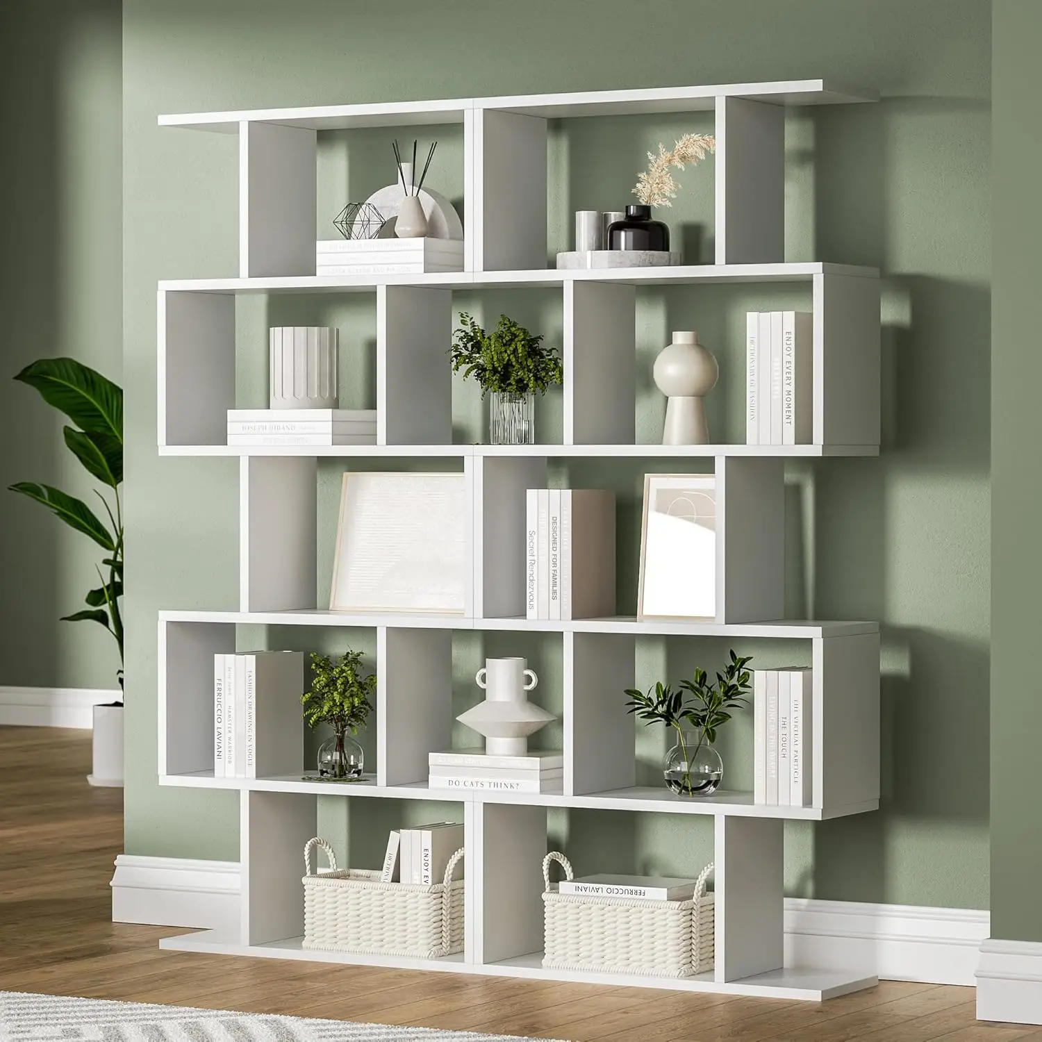 White 5-Tier Geometric Bookcase, S-Shaped Modern Bookshelf Set of 2, 62.6